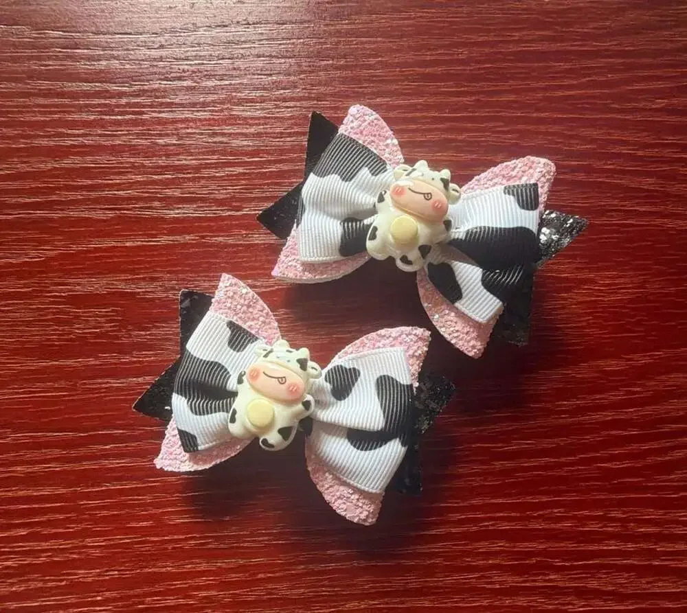 2-Piece Pink and Black Glitter Cow Print Hair Bow Clips with Cow Charm